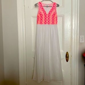 White embroidered pink/orange womens vineyard vine maxi dress